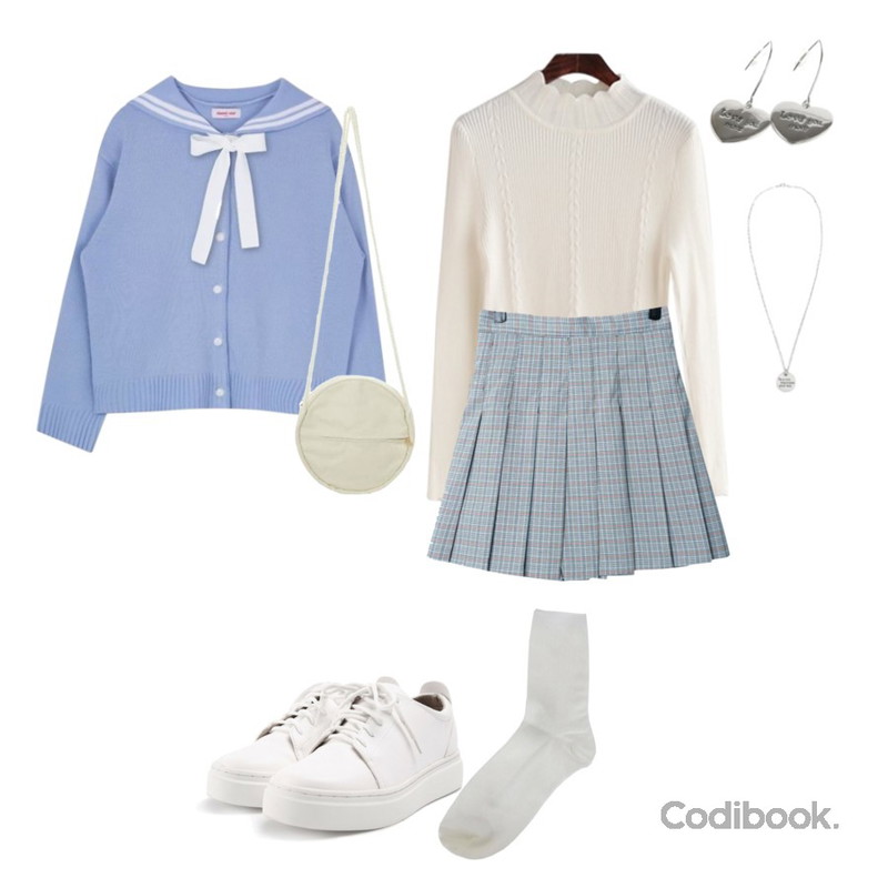 GIRLS RULE 탄탄 체크 스커트 (sk748),MIXXMIX Heart Sailor Cardigan,JCOMMA 레이스 골지 폴라니트등을 매치한 코디