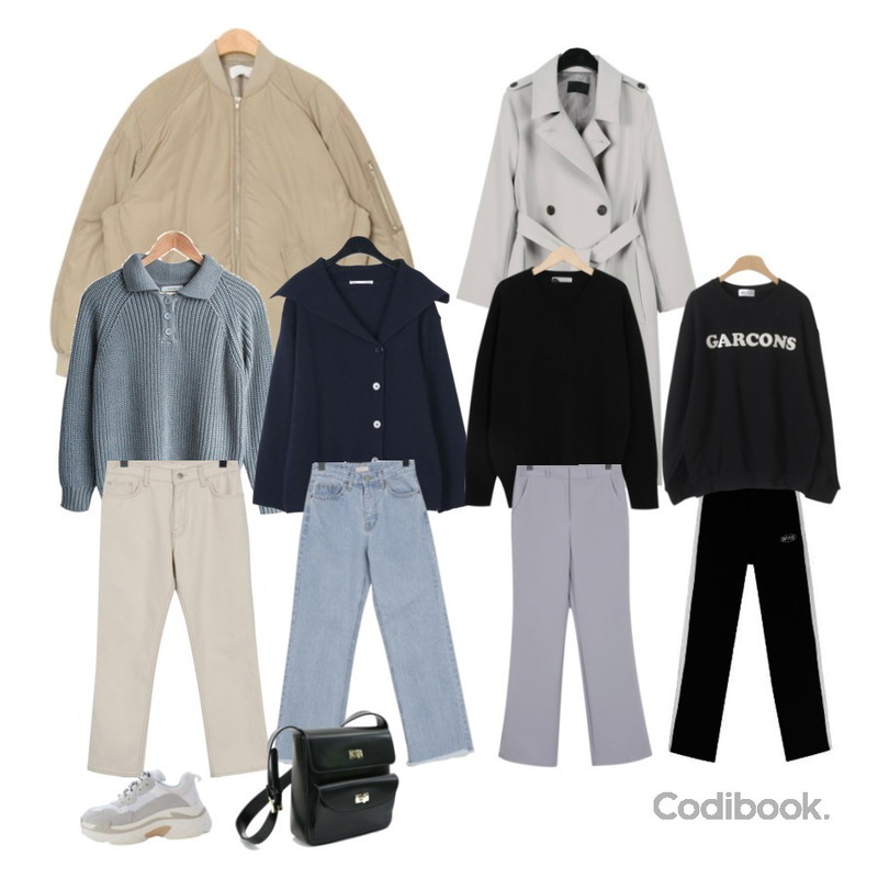 AIN standard duck down jumper,MASHYELLOW 더데이 볼륨 카라 니트 티,daily monday Chic basic trench coat등을 매치한 코디