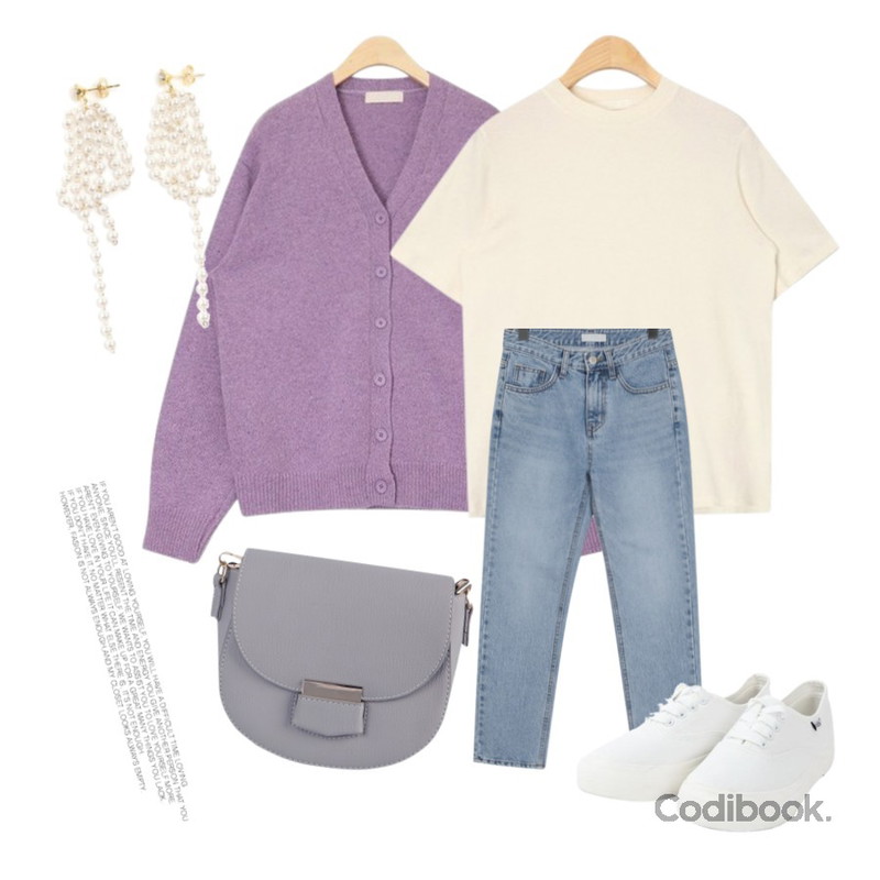 AIN everyday half neck T,AIN neat sensual wool cardigan,From Beginning Fresh washing straight jean_B (size : S,M,L)등을 매치한 코디