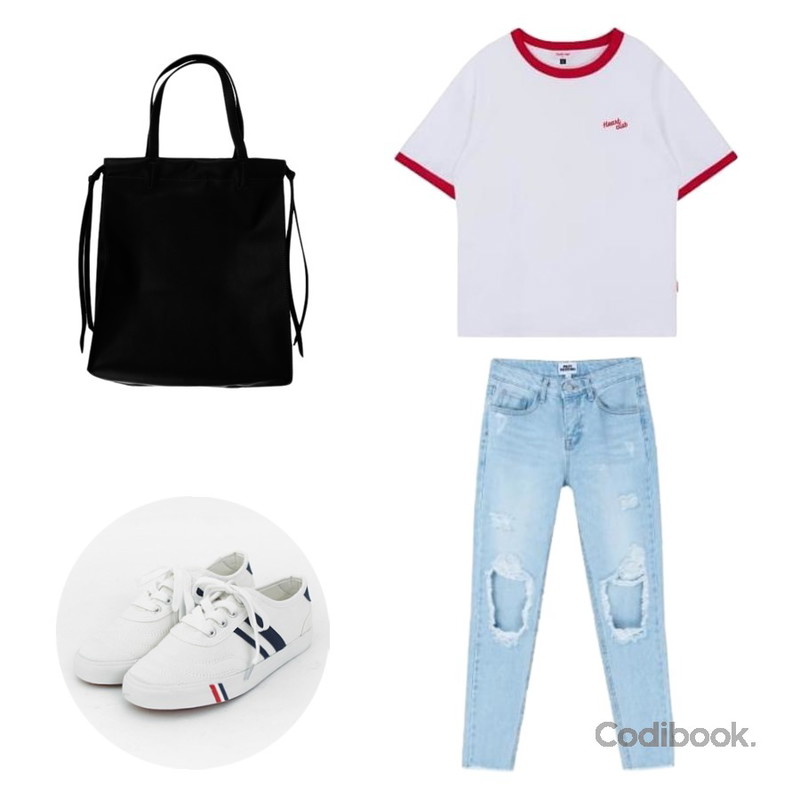 TODAY ME [shoes]컬러뷰 슈즈,MIXXMIX 빈티지 데미지 팬츠,MIXXMIX Heart coloration top(basic)등을 매치한 코디