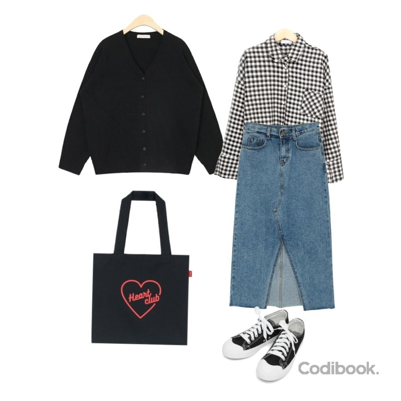 BANHARU retro slit denim long skirt,myblin 고방 체크 남방,AIN remember wool cardigan등을 매치한 코디
