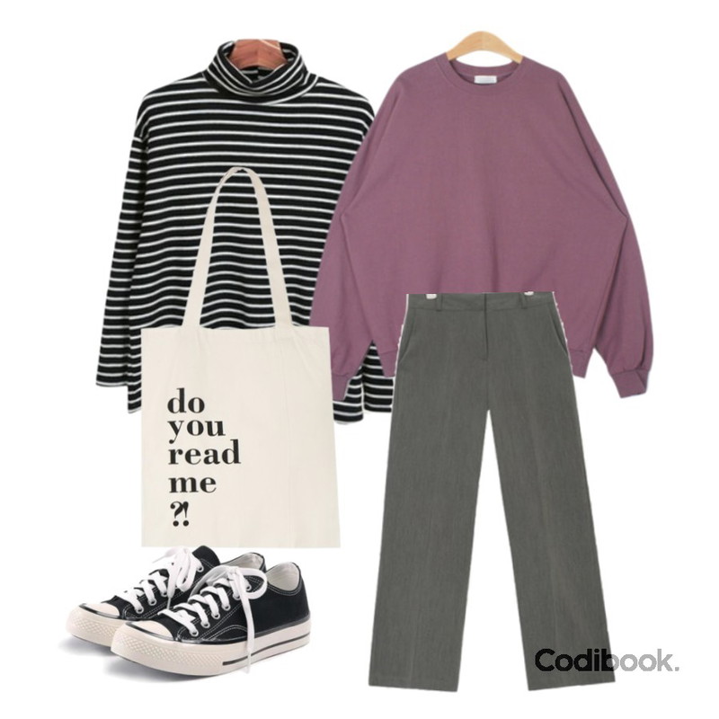 Zemma World 월리폴라 (stripe t),MESMIN 플럼 루즈핏 맨투맨 (5color),AIN FRESH A standard slacks (s, m, l)등을 매치한 코디