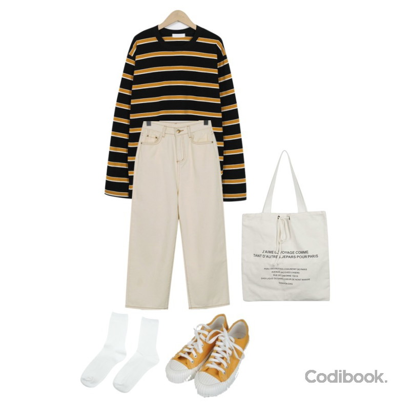 myblin 파리여행 에코백,From Beginning Triple color stripe T_S (size : free)[네이비, 블랙 27일 입고 후 순차적배송],From Beginning Easy stitch cotton pants_H (size : S,M,L)등을 매치한 코디