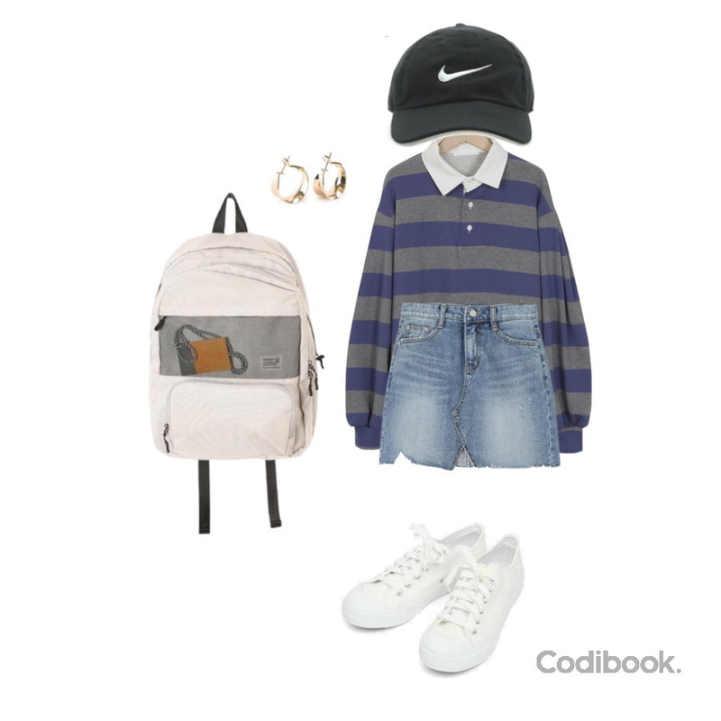 Reine 위니 데미지 데님 스커트,AIN basic monday sneakers (230-250),From Beginning Stripe button collar T_H (size : free)등을 매치한 코디