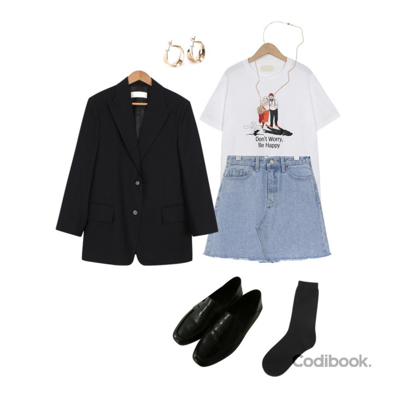 From Beginning Happy boys T_S (size : free),common unique [SKIRT] NATURAL CUTTING DENIM MINI SKIRT,biznshoe Mannish single jacket (2color)등을 매치한 코디
