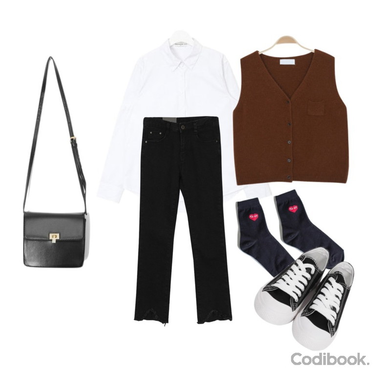 myblin 미니 포켓 앙고라 니트 조끼(4color),AWAB 데싱부츠컷팬츠,AIN FRESH A standard shirts등을 매치한 코디