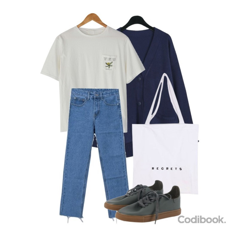 MASHYELLOW 일루젼 스트레이트 데님 팬츠,daily monday Mild adorable cardigan,BANHARU printing pocket loose fit tee등을 매치한 코디