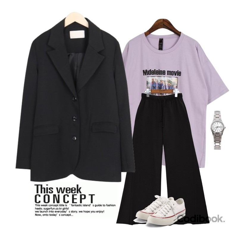 Dailyco 마들렌반팔티-t,myblin 오버 심플 자켓,common unique [BOTTOM] TRAINING WIDE PANTS등을 매치한 코디