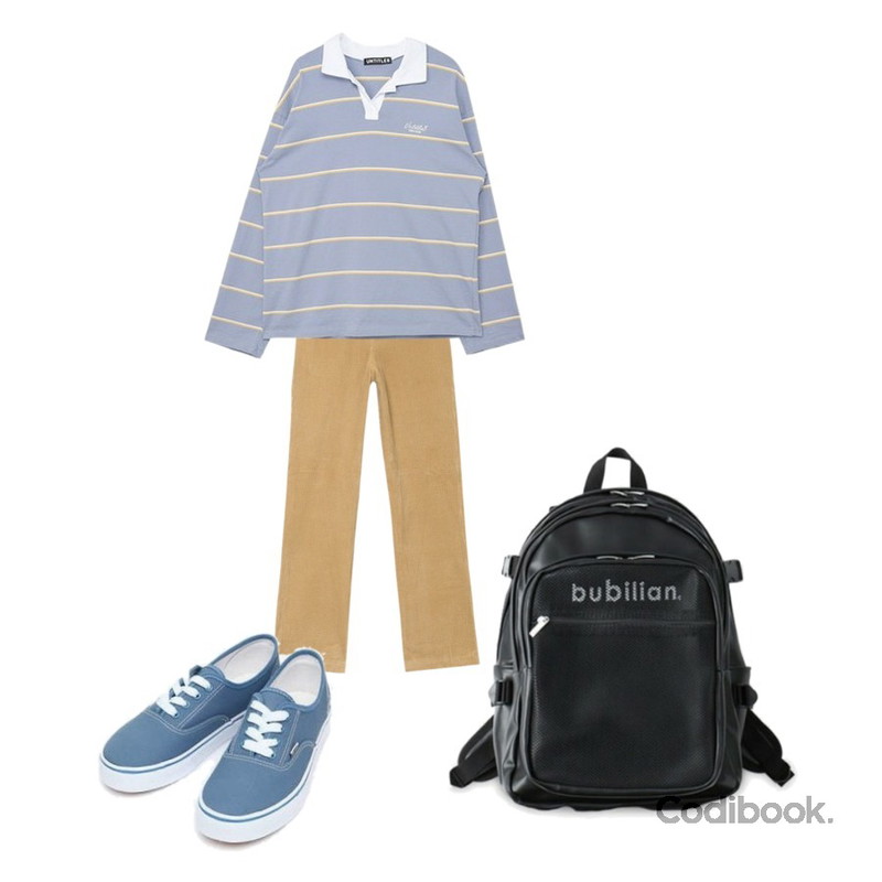 AIN natural fit cotton pants (s, m),AIN daily casual sneakers (230-250),MIXXMIX Long Stripe Collar Top등을 매치한 코디