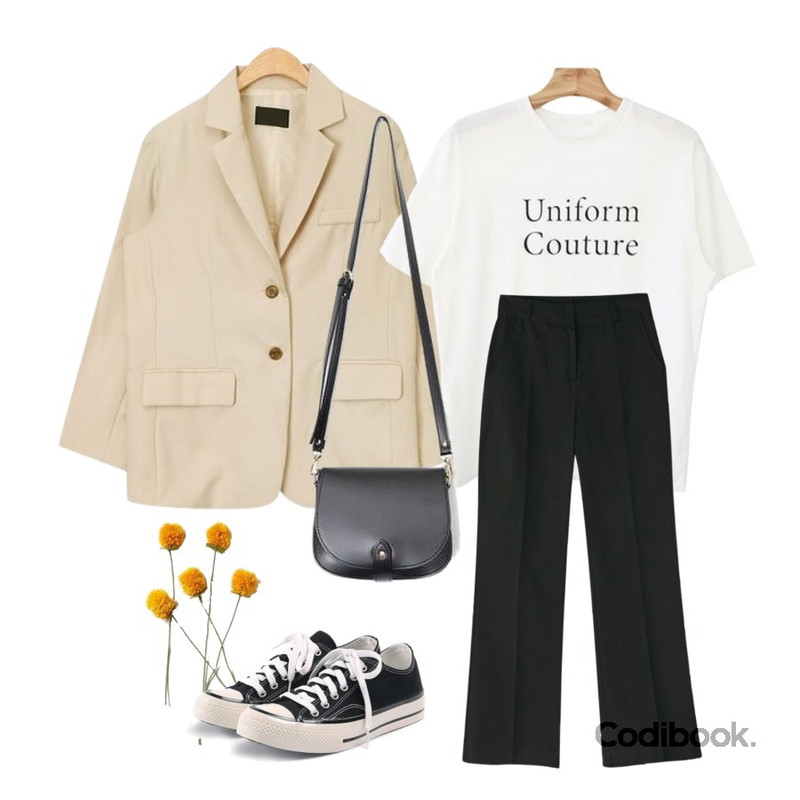 yellow flower,Zemma World Uniform-프린팅티셔츠[size:44~66 / 2color],AIN be mine single jacket등을 매치한 코디