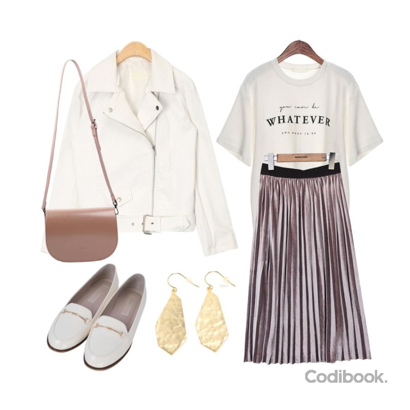 common unique [SKIRT] VELVET PLEATS LONG SKIRT,ROCOSIX whatever lettering T,AIN basis tidy rider jacket등을 매치한 코디