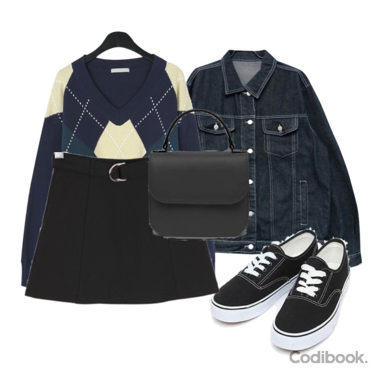 AIN daily casual sneakers (230-250),daily monday Argyle fresh v-neck knit,GIRLS RULE 스티치 데님 자켓 (jk676)등을 매치한 코디