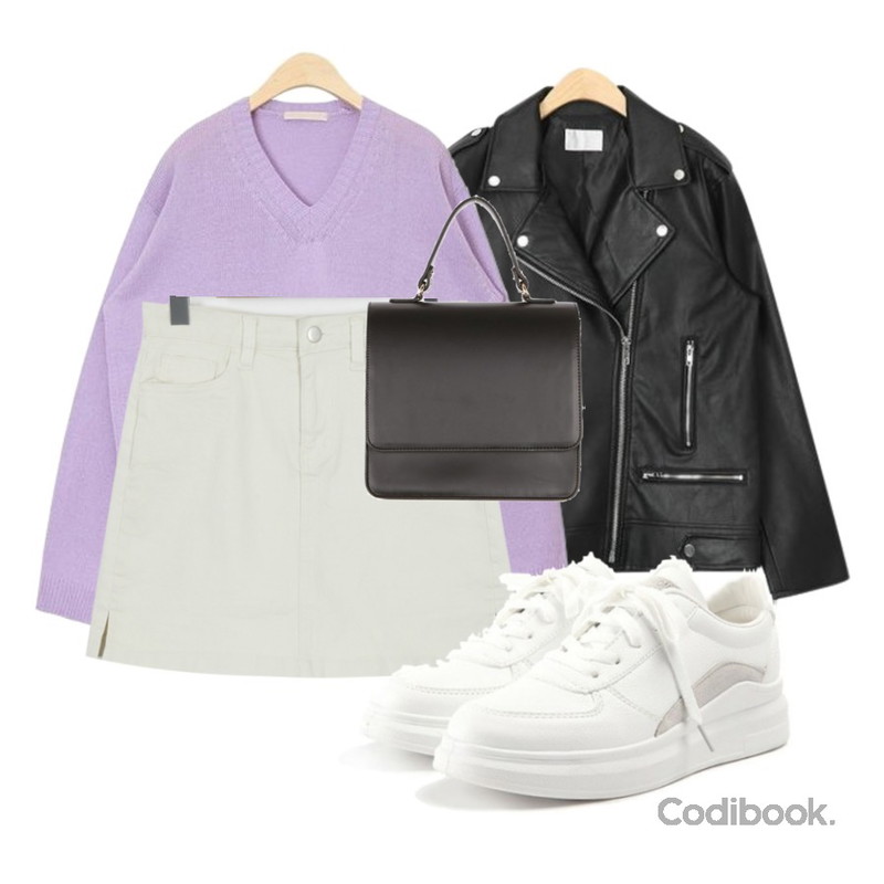 AIN minky color knit,AIN boxy fit unique rider jacket,From Beginning MORE JEAN_Basic culottes mini skirt_ivory (size : XS,S,M,L)등을 매치한 코디