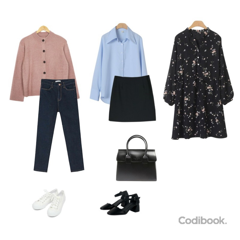 OBBANG STYLE 메르시에 카라 블라우스,OBBANG STYLE 라일락 플라워 미니원피스,NEW NEED NOW 메이비 슬림 스커트등을 매치한 코디