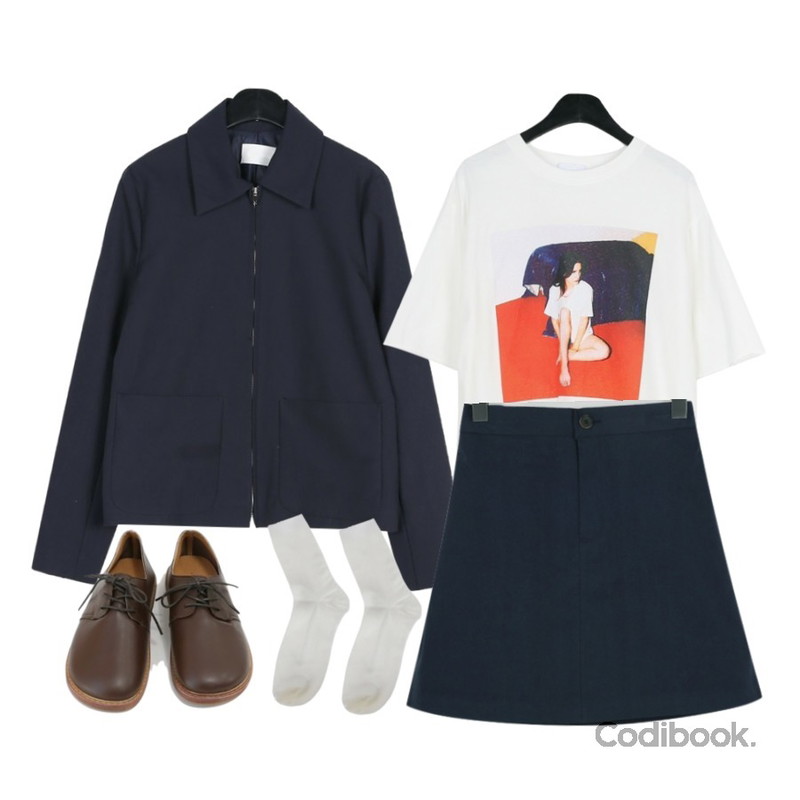 From Beginning Spring a-line cotton skirt_M (size : free),daily monday Sensual printing tee,daily monday Awesome simple jacket등을 매치한 코디