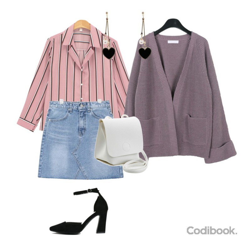 LINDA GIRLS 티티 스트라이프 셔츠 (3color),daily monday Roll-up shawl cardigan,AIN enjoy mini cutting skirt (s, m, l)등을 매치한 코디