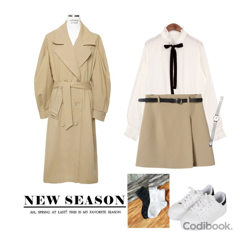myblin 블링 포인트 프릴 양말,OBBANG STYLE 트윙클 벨트SET 스커트,common unique [TOP] HALF NECK FRILL TIE CHIFFON BLOUSE등을 매치한 코디