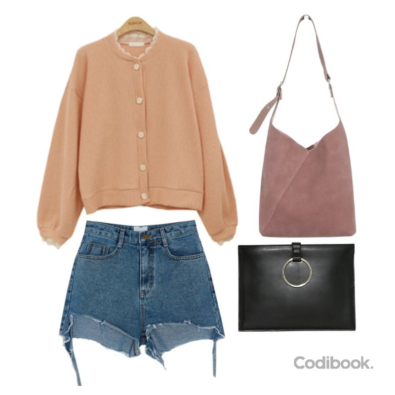 BANHARU high-waist damage point denim shorts,BLINGIT 레이스골지가디건,myblin 사선 스웨이드 숄더 백 (3color)등을 매치한 코디