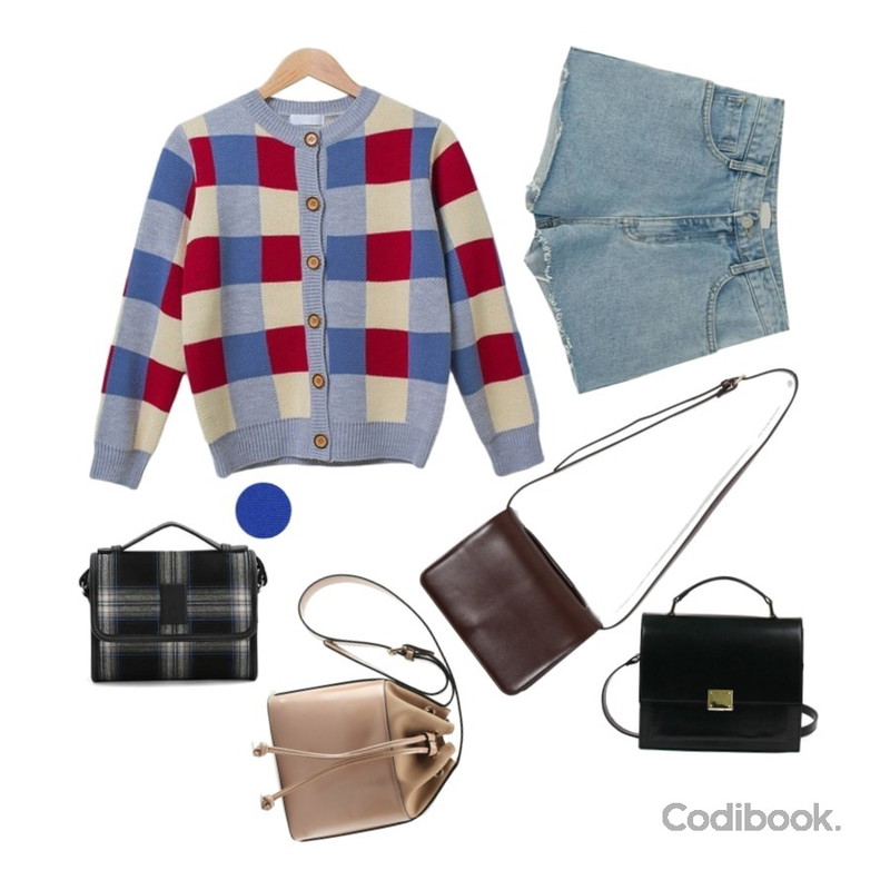 BANHARU light blue high shorts,MASHYELLOW 크로스 배색 체크 라운드 가디건,From Beginning Minimal cross mini bag_K (size : one)등을 매치한 코디