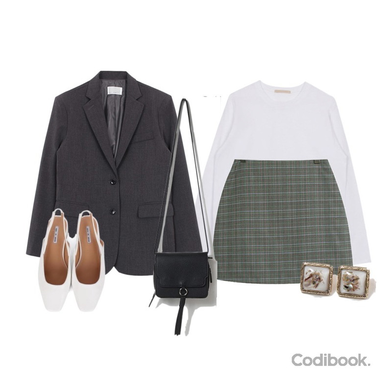 biznshoe Boy fit jacket (3color),biznshoe Basic cotton tee (6color),TODAY ME [skirt]페노 스커트(데일리 A라인 배색 체크 미니sk)등을 매치한 코디