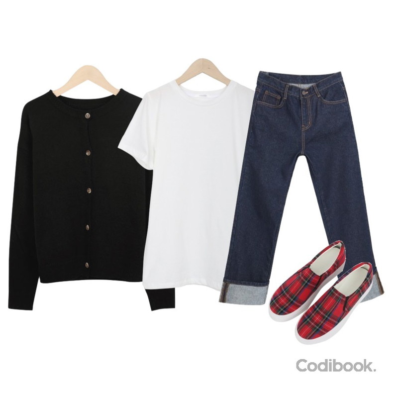 myblin 봄여자 가디건 (7color),myblin 데일리 일자 롤업 팬츠,myblin 심플심플 면 티(5color)등을 매치한 코디
