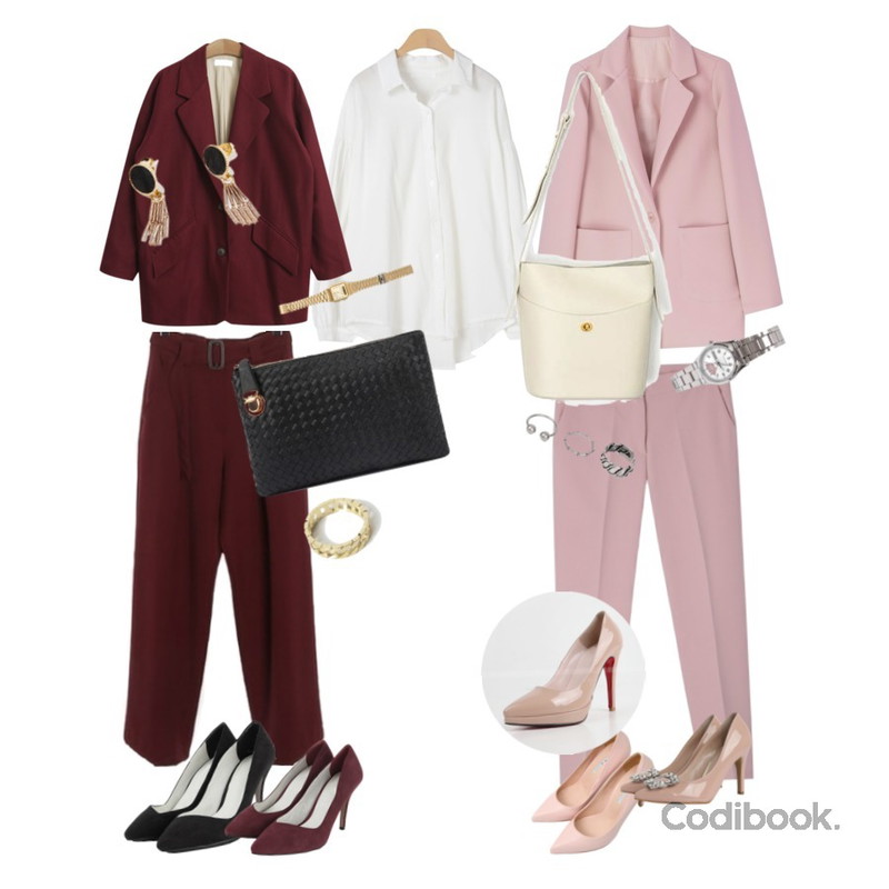 MIXXMIX 스튜디오 슬림 슬랙스,ROCOSIX Cell pintuck slacks (belt set),OBBANG STYLE 폴링 퍼프 블라우스등을 매치한 코디