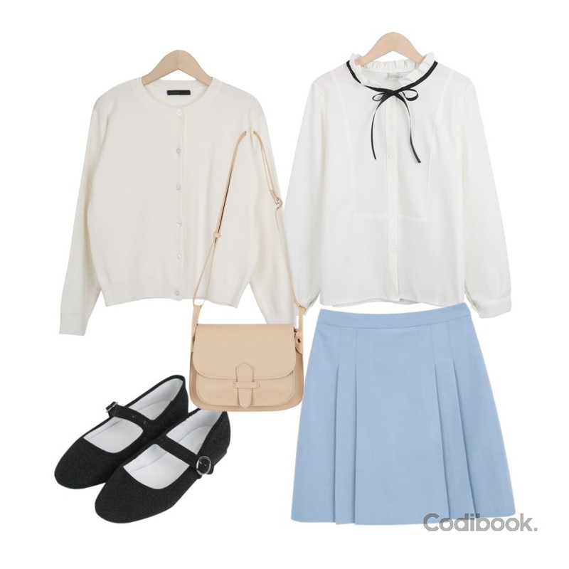 myblin A라인 플리츠 스커트 (4color)(S),myblin 프릴 리본 기본 블라우스,myblin 에브리데이 스프링 가디건 (8color)등을 매치한 코디