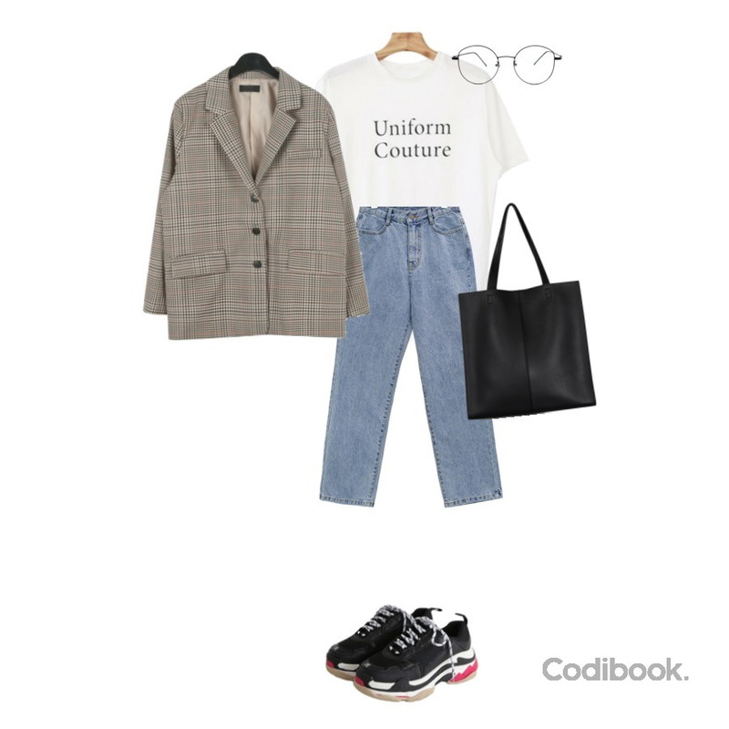 From Beginning Rounding metal glasses_H (size : one),common unique [BOTTOM] HIGH FIT SEMI BAGGY DENIM PANTS,Zemma World Uniform-프린팅티셔츠[size:44~66 / 2color]등을 매치한 코디