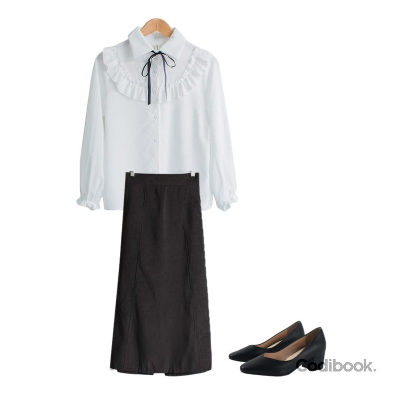 MASHYELLOW 엔초비 리본 프릴 블라우스,Monobabie [RP1968M] 로웰리5cm,MASHYELLOW [한정세일] 라비 모던 세무 스커트등을 매치한 코디