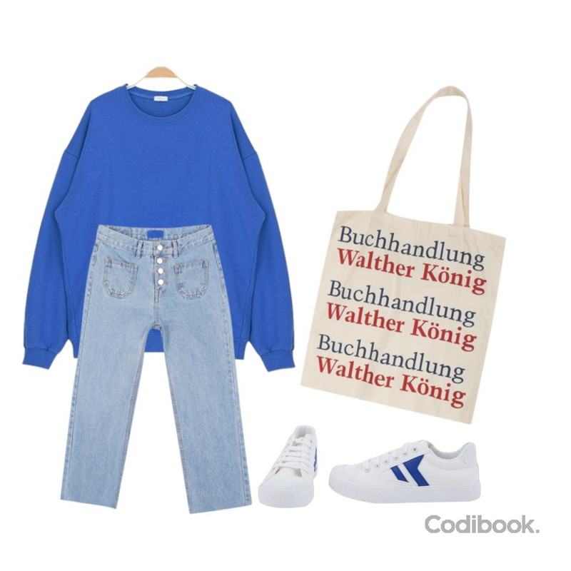 myblin 컬러 박시 맨투맨,myblin 마크 포인트 스니커즈 (3color),myblin 포 버튼 프론트 포켓진등을 매치한 코디