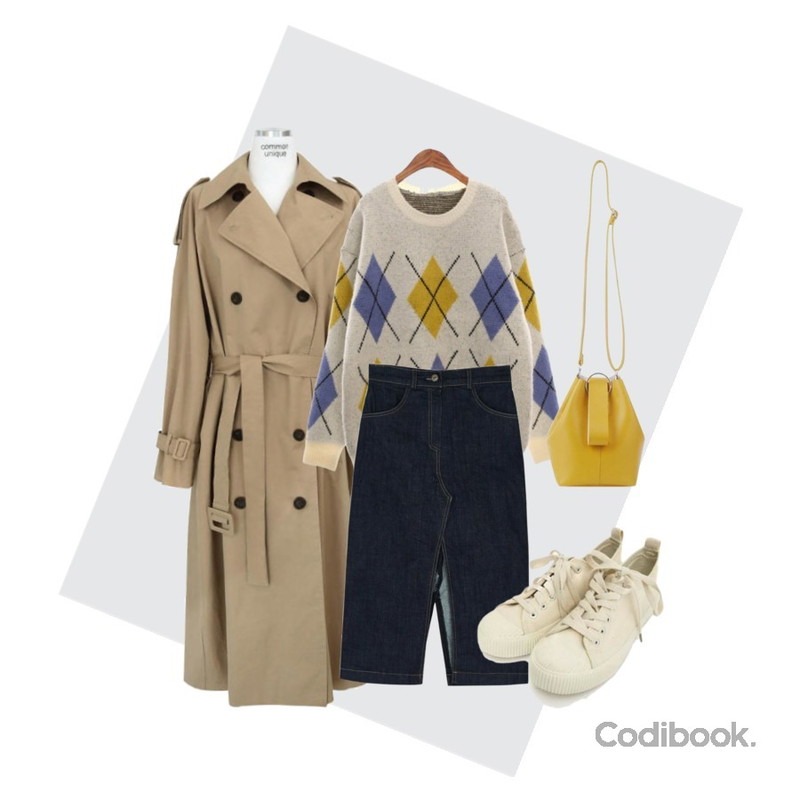 Grey,ROCOSIX argyle pattern NT,common unique [OUTER] DOUBLE RAGLAN BELT TRENCH COAT등을 매치한 코디
