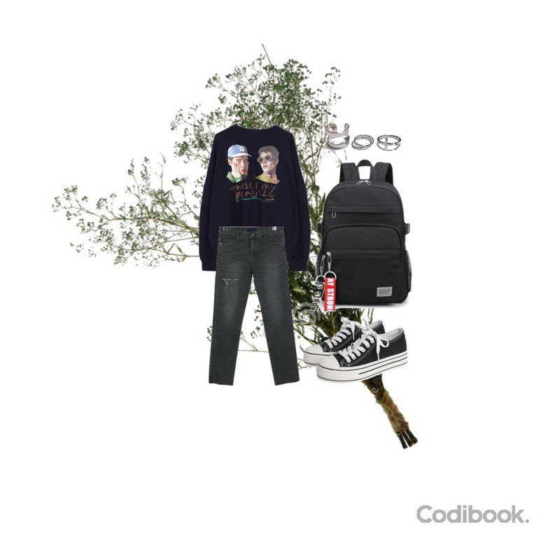 white flower,daily monday Damage natural denim pants,biznshoe Boys printing boxy mtm (4color)등을 매치한 코디