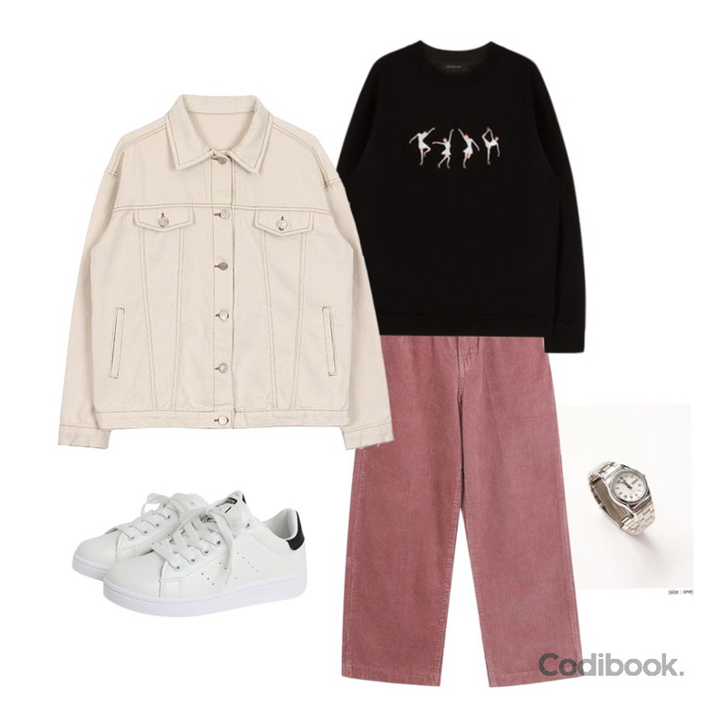 MIXXMIX 피겨 퀸 스웨트 셔츠,common unique [ACC] CASIO ROUND FRAME WATCH,TODAY ME [etc]번클 팬츠(골덴 코듀로이 반하이 와이드 일자 팬츠)등을 매치한 코디