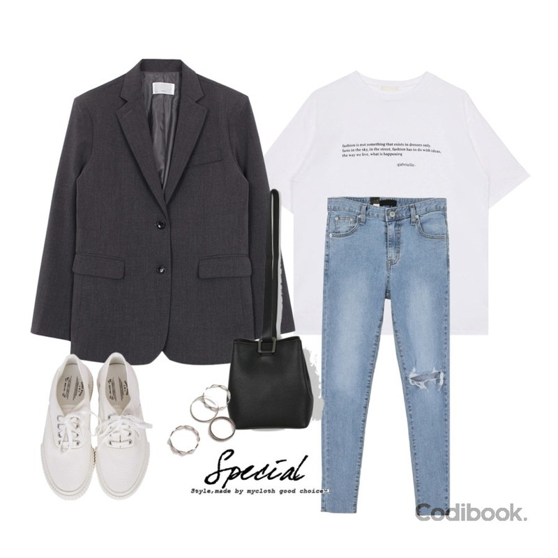 biznshoe Boy fit jacket (3color),biznshoe Gabrielle tee (2color),AWAB 슈라데미지스키니등을 매치한 코디