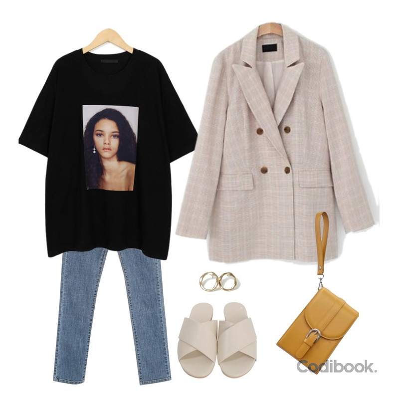 From Beginning Janet picture T_S (size : free),myblin 버티컬 하이웨스트 진,LOVELY SHOES 베스트 체크 자켓등을 매치한 코디