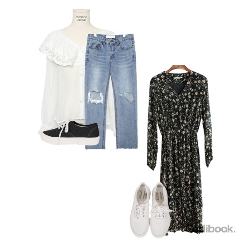 common unique [TOP] LACE CAPE DOT CHIFFON BLOUSE,biznshoe Couple sneakers (4color),common unique [BOTTOM] WIDEN DAMAGE DENIM PANTS등을 매치한 코디