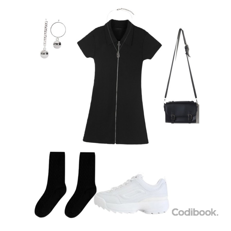 MIXXMIX 스크류 크릭 삭스,MIXXMIX HIDE AND SEEK 16 SS B Collar Zipper Dress(Black),LOVELY SHOES 스코튼 키높이 스니커즈 5.5cm등을 매치한 코디