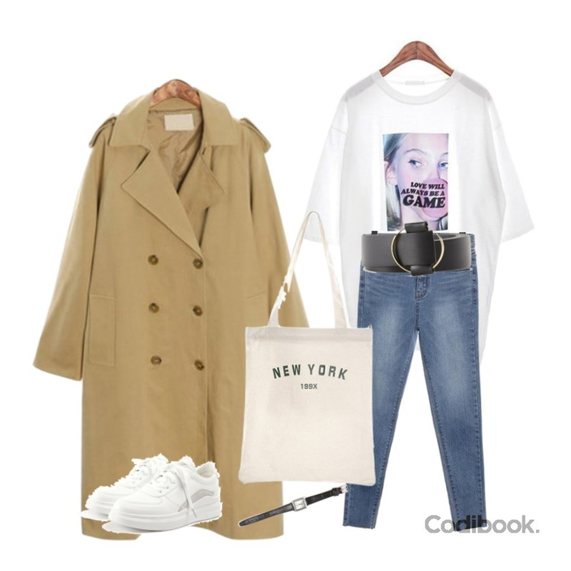 ROCOSIX swirl basic trench CT,ROCOSIX 버블걸 티셔츠 (3 COLOR,화이트,퍼플,블랙,프린팅,포도색,라벤더,봄여름 데일리아이템),ROCOSIX 찰리 아이스 데님 팬츠 (2 COLOR,라이트블루,딥블루,연청,진청,중청,청바지,스판,슬림핏,봄여름가을 데일리아이템)등을 매치한 코디