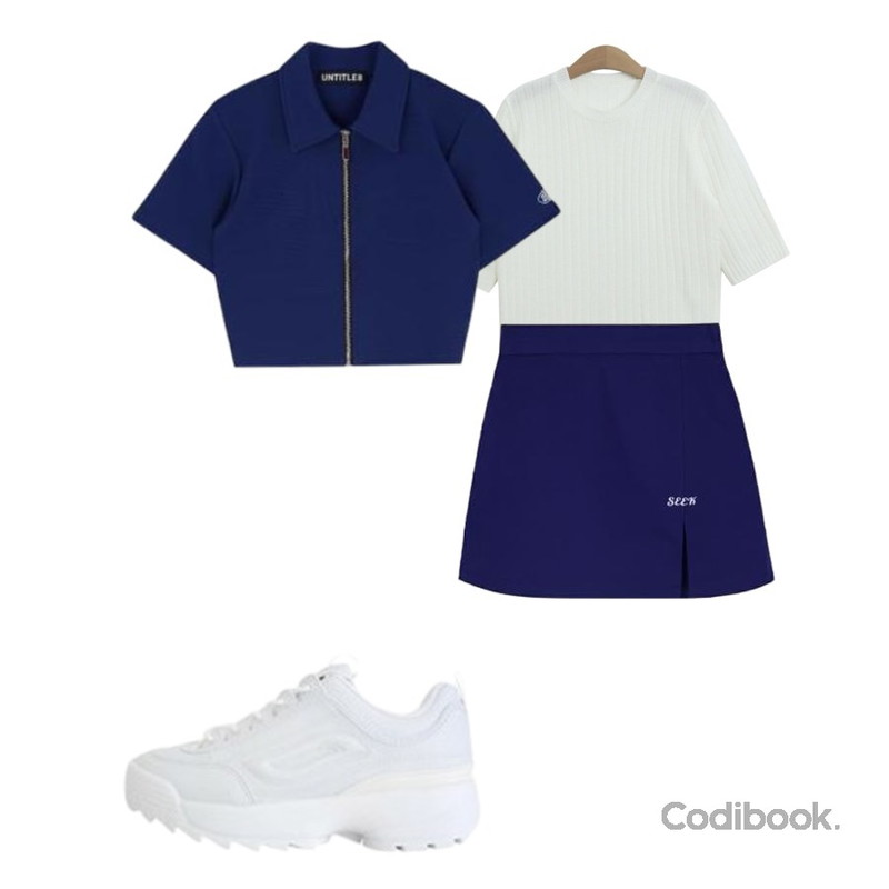 MIXXMIX SEEK Slit Point Skirt Pants,MIXXMIX Open Zipper Collar Top,TODAY ME [knit]프리제 니트(데일리 심플 라운드 골지 반팔NT)등을 매치한 코디