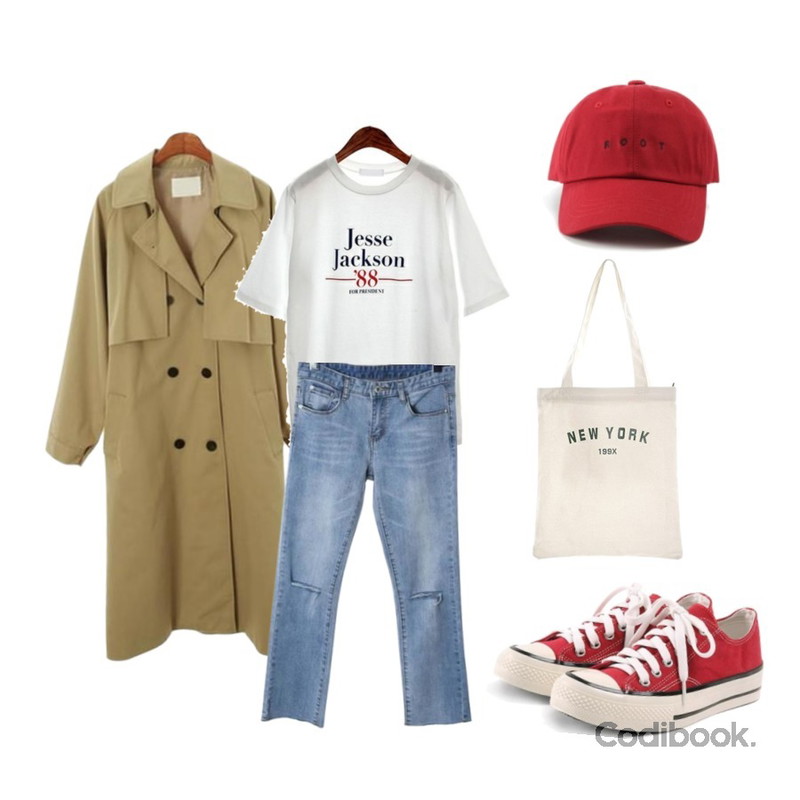 ROCOSIX classic mood trench coat,ROCOSIX knee cutting crop denim pants (일시품절),ROCOSIX jackson lettering T등을 매치한 코디
