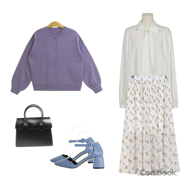 daily monday Placid flower pleats skirt,From Beginning Glow tie balloon blouse_M (size : free),TODAY ME [cardigan]세븐 가디건(데일리 벌룬 셔링 라운드 니트 가디건)등을 매치한 코디