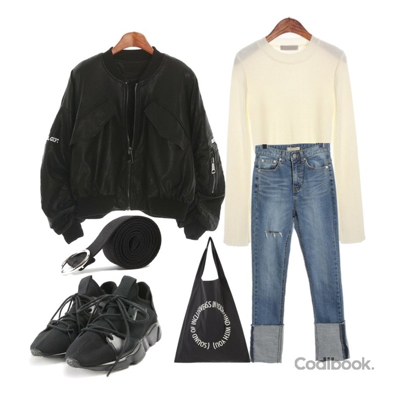 ROCOSIX usual slit sleeve knit,ROCOSIX rowley denim PT,ROCOSIX 내츄럴 레더 항공 점퍼등을 매치한 코디