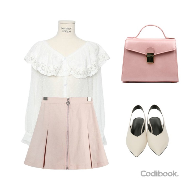 From Beginning Back open strap flat shoes_A  (size : 230,235,240,245,250),GIRLS RULE 하트 지퍼 스커트 (sk1081),common unique [TOP] LACE CAPE DOT CHIFFON BLOUSE등을 매치한 코디