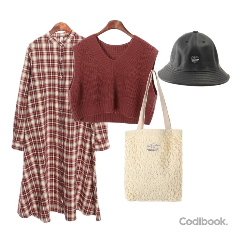 ROCOSIX lace square bag,ROCOSIX unique crop knit vest,ROCOSIX rose check shirts OPS등을 매치한 코디