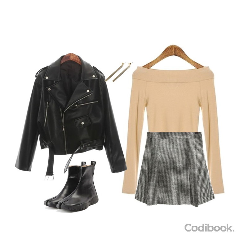 ROCOSIX girlish pleats mini SK,ROCOSIX liver rider JK,ROCOSIX 루이 오프 크롭 티셔츠등을 매치한 코디