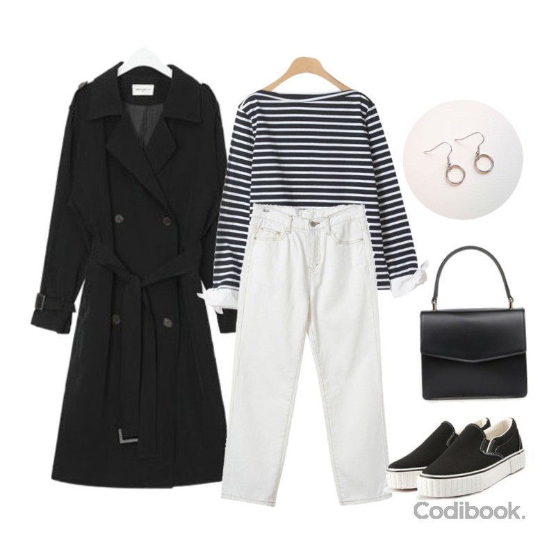 OBBANG STYLE 프렌디 화이트 팬츠,AIN FRESH A spring daily trench coat,OBBANG STYLE 벨라 스트라이프 보트넥티셔츠등을 매치한 코디