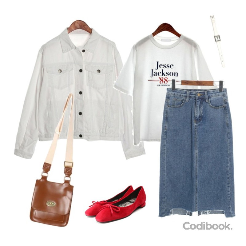 ROCOSIX jackson lettering T,ROCOSIX mild denim long SK (3월 중순 입고 예정 !!),ROCOSIX must cotton JK등을 매치한 코디