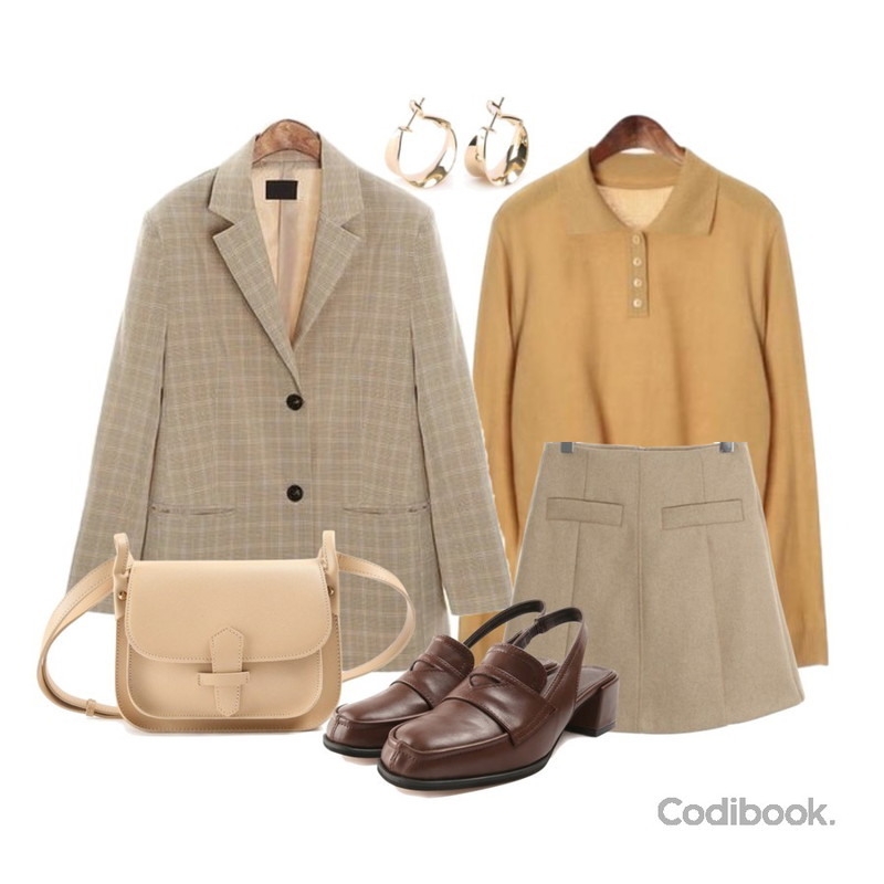 ROCOSIX colorful basic collar knit,ROCOSIX coco mini SK (wool70%),ROCOSIX 린 체크 오버 자켓 (2 COLOR,베이지,블랙,하객,페미닌,오버핏,봄가을 데일리아이템)등을 매치한 코디