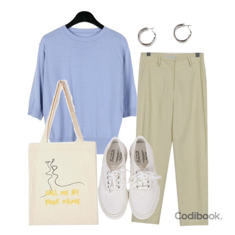 AIN bold big ring earring,daily monday Cashmere half sleeve knit,From Beginning Wish set-up suit slacks_K (size : S,M)등을 매치한 코디