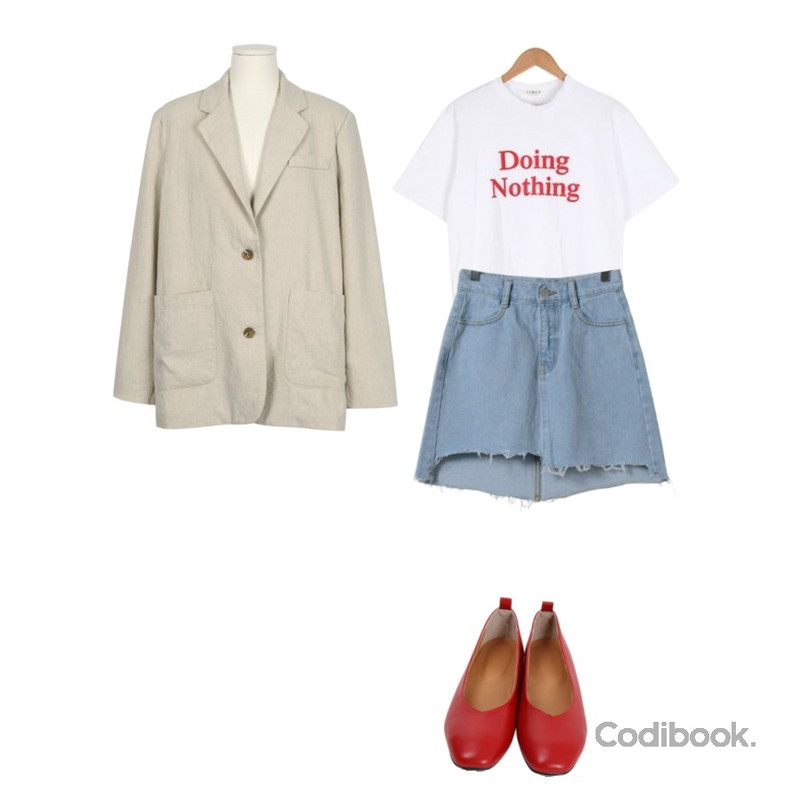 From Beginning Work linen boy jacket_S (size : free),BULLANG GIRL 두잉낫띵반팔T,OBBANG STYLE 크릿 언발란스 청 스커트등을 매치한 코디